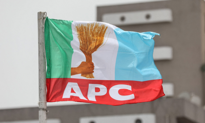 APC members protest alleged manipulation of primary result in favour of Osun commissioner 1 APC flag e1653674344749