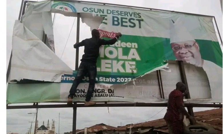 Osun: Mob vandalize Ademola Adeleke’s campaign billboard 1 Adeleke