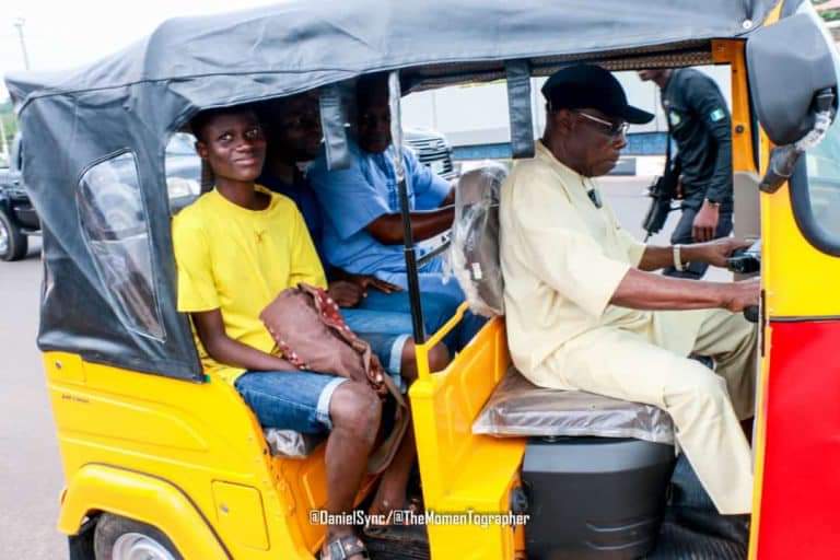 Obasanjo rides tricycle, says its good business opportunities for youths 11 OBJ