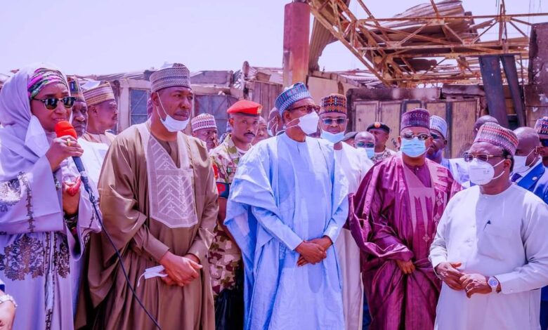 Buhari tours ruins of Maiduguri Monday Market as FG donates relief items to victims 1 IMG 20230302 WA0036