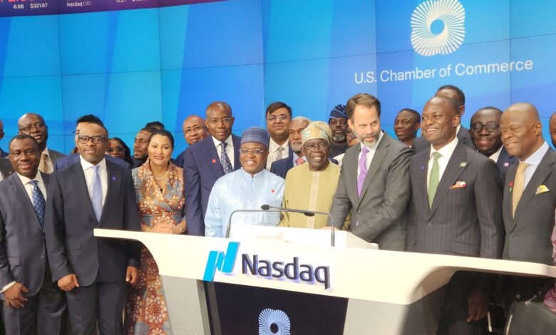 Tinubu rings closing bell at NASDAQ, says Nigeria open for investment 1 The President Bola Ahmed Tinubu, (Middle), flanked by the Minister for Industry, Trade and Investment, Dr Doris Uzoka-Anite; Chairman, Coronation Capital, Aigboje Aig-Imoukhuede, CON; Chairman, Nigerian Exchange Group, Alhaji Dr Umaru Kwairanga (R); President, U.S. Africa Business Center, Sr. Vice President, U.S. Chamber of Commerce, Mr. Scott Eisner; Chief Executive Officer, Nigerian Exchange Limited (L), Mr Temi Popoola and Minister of Finance and CME, Mr. Wale Edun during the Closing Bell Ceremony at NASDAQ Headquarters, New York.
