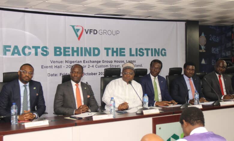 VFD Group boosts liquidity on NGX, adds N45bn in market cap 1 L-R:Jude Chiemeka, Divisional Head, Capital Markets, NGX; Temi Popoola, Chief Executive Officer, Nigerian Exchange Limited (NGX); Alhaji Dr. Umaru Kwairanga, Chairman Nigerian Exchange Group Plc; Olatunde Busari, SAN; Chairman VFD Group Plc; Nonso Okpala, Group Managing Director/CEO, VFD Group and John Okonkwo, Executive Director, VFD Group during the Facts Behind the Figures presentation at NGX on Friday