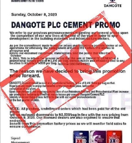 Dangote Cement denies running sales promo 1 a