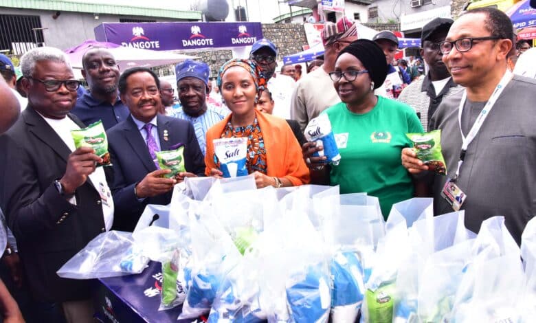 LCCI hails Dangote on poverty reduction, job opportunities 1 L-R: Vice President, LCCI and Chairman, Trade Promotion Board, Engr. Leye Kupoluyi; President, Lagos Chamber of Commerce and Industry (LCCI), Asiwaju Michael Olawale Cole; Group Executive Director, Commercial Operations, Dangote Industries Limited, Fatima Aliko Dangote; Director-General, LCCI, Chinyere Almona; Group Chief Branding and Communications Officer, Dangote Industries Limited, Anthony Chiejina, display the Dangote Products during the Dangote Industries Special Day at 2023 Lagos International Trade Fair in Lagos, on Wednesday