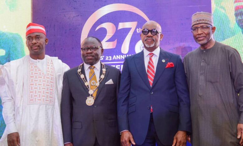 Abiodun urges capital market to collaborate with FG, States in raising funds for infrastructure 1 L-R: The Deputy Chairman of the House of Representatives Committee on Capital Market, Hon. Mukhar Umar Zakari, the President, Chartered Institute of Stockbrokers, Mr Oluwole Adeosun, Ogun State Governor, Prince Dapo Abiodun and the Director-General, Securities and Exchange Commission, Mr Lamidi Yuguda during the 27th Annual Stockbrokers Conference held in Abeokuta, Ogun State on Thursday.
