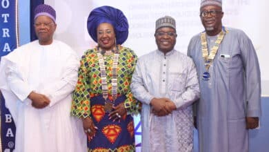 L – R : Pioneer District Governor, Rotn. Julius Adelusi-Adeluyi; District Governor, Rotary Club of Ogba, District 9110, Rotn. Ifeyinwa Ejezie; Group Chairman, Nigerian Exchange Group (NGX Group), Alhaji (Dr.) Umaru Kwairanga and President, Rotary Club of Ogba, District 9110, Rotn. Awojide Awesun during the 40th Anniversary Luncheon and Installation of the 41st President of Rotary Club of Ogba, District 9110 held on Monday in Lagos.