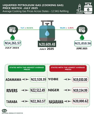 Average retail price for refilling a 5kg Cylinder of cooking gas drops by 0.96% in July, says NBS 1 nnbs