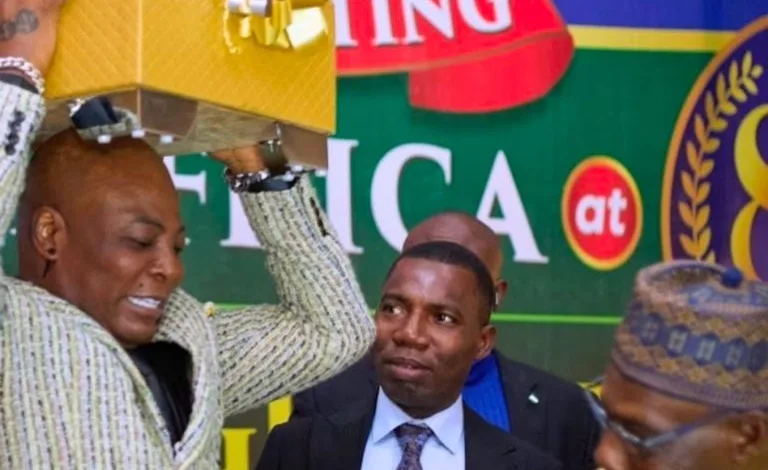 Socialite Charly Boy surprises ex-President Obasanjo with gift during birthday celebration 1 Charly Boy at Obasanjos birthday party 768x559 1