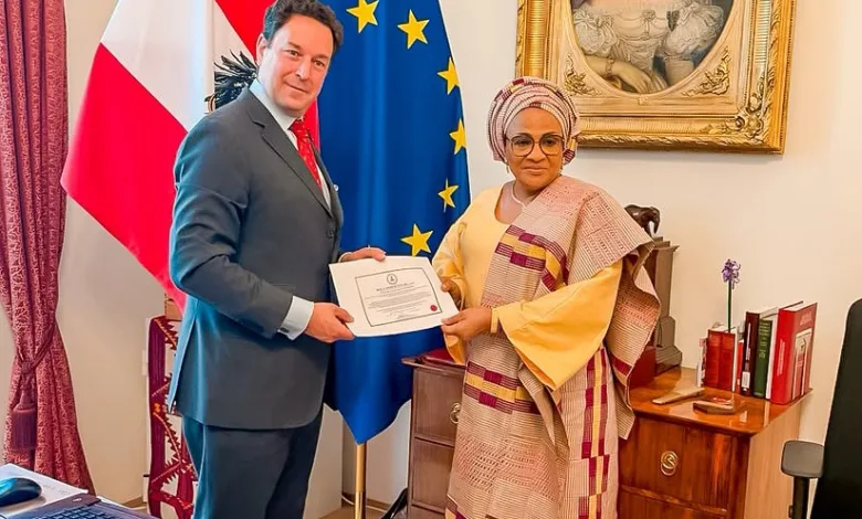 Ajimobi presents copies of letters of credence to Austria's chief of protocol 3 IMG 20260706 170057 6 x 4 inch